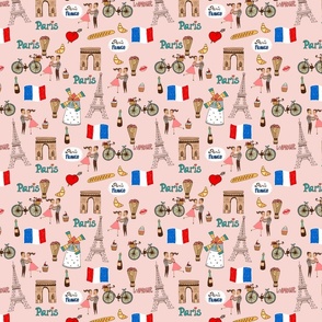 Paris France Handdrawn Motifs Eiffel Tower, Baguettes, Arc de Triomphe, Tricolor on Pink