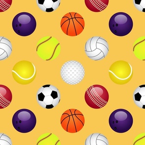 All Sports Balls Soccer, Tennis, Basket, Base, Cricket, Volley, Golf, Soft and Pool Balls on Bright Yellow