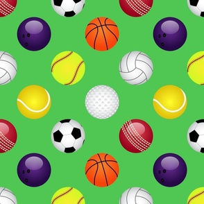 Large Sports Balls Soccer, Tennis, Basket, Base, Cricket, Volley, Golf, Soft and Pool Balls on Grass Green