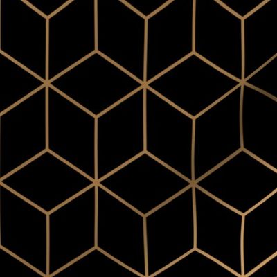 Large Black and Faux Metallic Gold Art Deco 3D Geometric Cubes