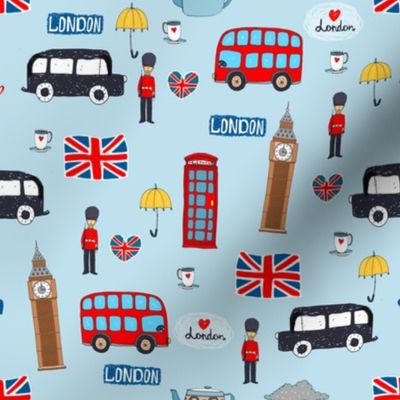 London England Handdrawn Motifs Big Ben, Union Jack, Palace Guard, Teatime, Brollies on Blue