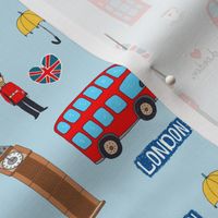 London England Handdrawn Motifs Big Ben, Union Jack, Palace Guard, Teatime, Brollies on Blue