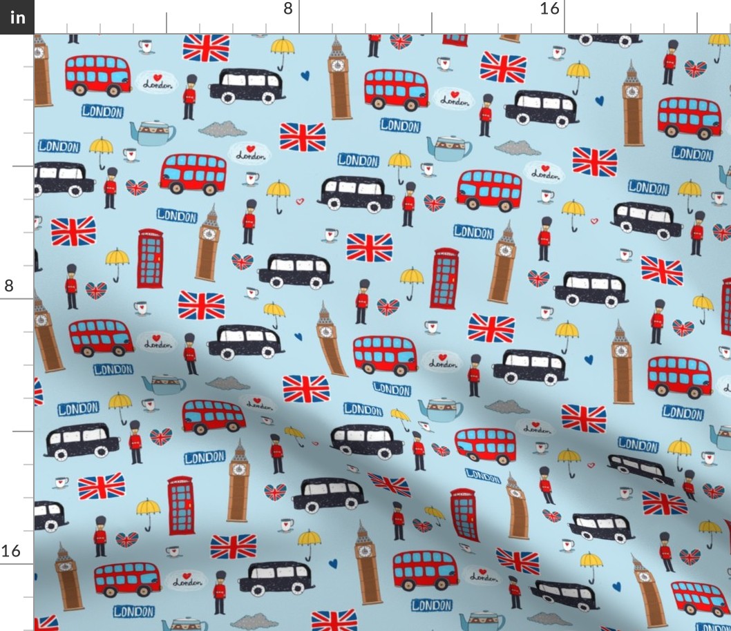 London England Handdrawn Motifs Big Ben, Union Jack, Palace Guard, Teatime, Brollies on Blue