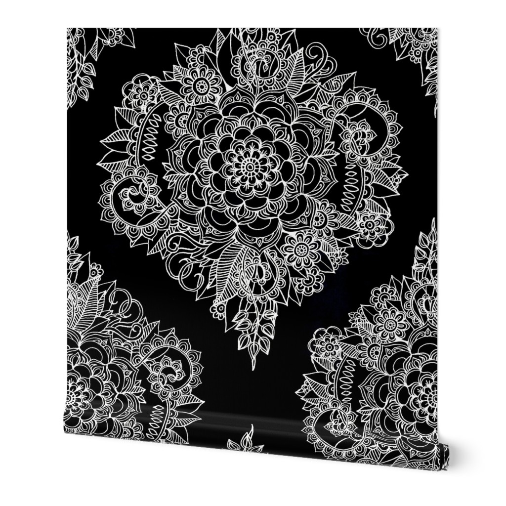 White Floral Moroccan Doodle on Black