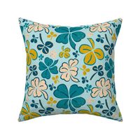 Lucky Four Leaf Green Clover Pattern on Blue