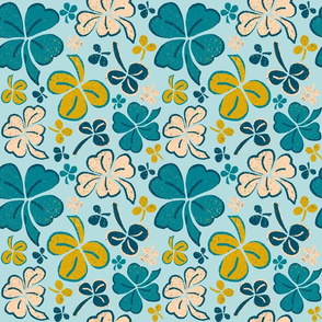 Lucky Four Leaf Green Clover Pattern on Blue
