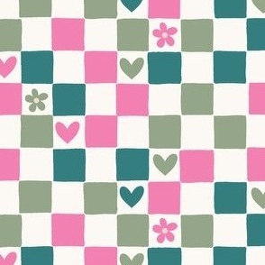 Valentines checkerboard with hearts and flowers in greens and pink - field of hearts - love checkerboard - plaid with hearts and daisies