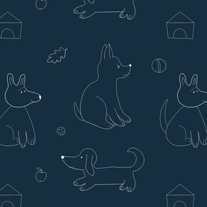 Cute puppies line art on navy blue