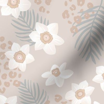 Tropical boho garden hawaii hibiscus flowers and palm leaves leopard spots lush jungle design soft gray mist green white