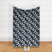 Tropical boho garden hawaii hibiscus flowers and palm leaves leopard spots lush jungle design night navy blue stone white