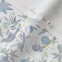 Forest Garden Watercolor Fabric | Forest birds, blue floral fabric, blue bird print fabric from original watercolor painting.