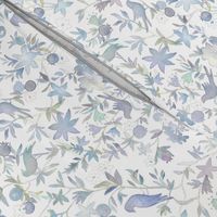 Forest Garden Watercolor Fabric | Forest birds, blue floral fabric, blue bird print fabric from original watercolor painting.