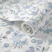 Forest Garden Watercolor Fabric | Forest birds, blue floral fabric, blue bird print fabric from original watercolor painting.