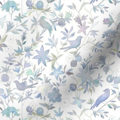 Forest Garden Watercolor Fabric | Forest birds, blue floral fabric, blue bird print fabric from original watercolor painting.