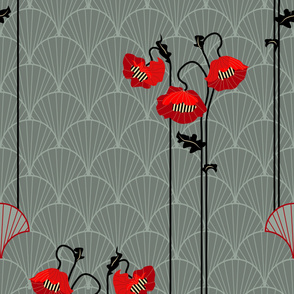  art nouveau gray scallops + red poppies large scale