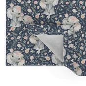 2" baby floral elephant with pink spring floral on stone blue background