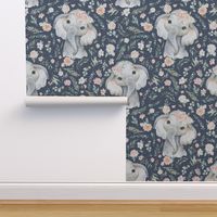 2" baby floral elephant with pink spring floral on stone blue background