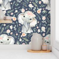 2" baby floral elephant with pink spring floral on stone blue background