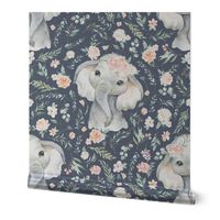 2" baby floral elephant with pink spring floral on stone blue background