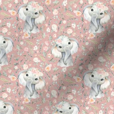 2" baby floral elephant with pink spring floral on dusty rose background