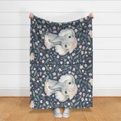 54"x36" pink spring floral elephant with floral bow on stone blue background