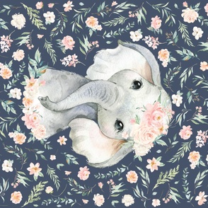 54"x36" pink spring floral elephant with floral bow on stone blue background