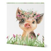 14"x14" patch floral grass baby piggie on white background