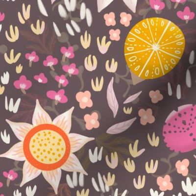 Sunshine and stylised flowers in brown background