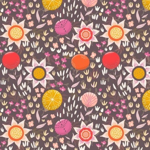 Sunshine and stylised flowers in brown background