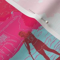 Pink and blue paddleboarding block print