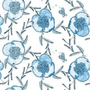 Pen and Ink Peonies Blue