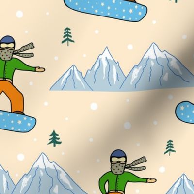 Playful pattern with a snowboarder on a background of snowy mountains