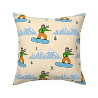 Playful pattern with a snowboarder on a background of snowy mountains