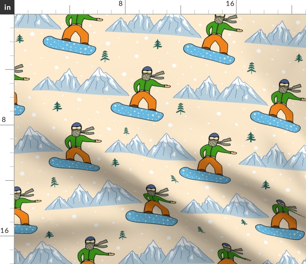 Playful pattern with a snowboarder on a background of snowy mountains