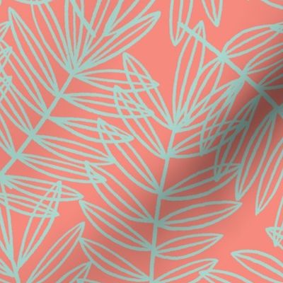 Tropical Palm Fronds in Mint on Coral - Large