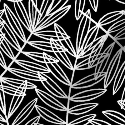 Tropical Palm Fronds in White on Black - Large