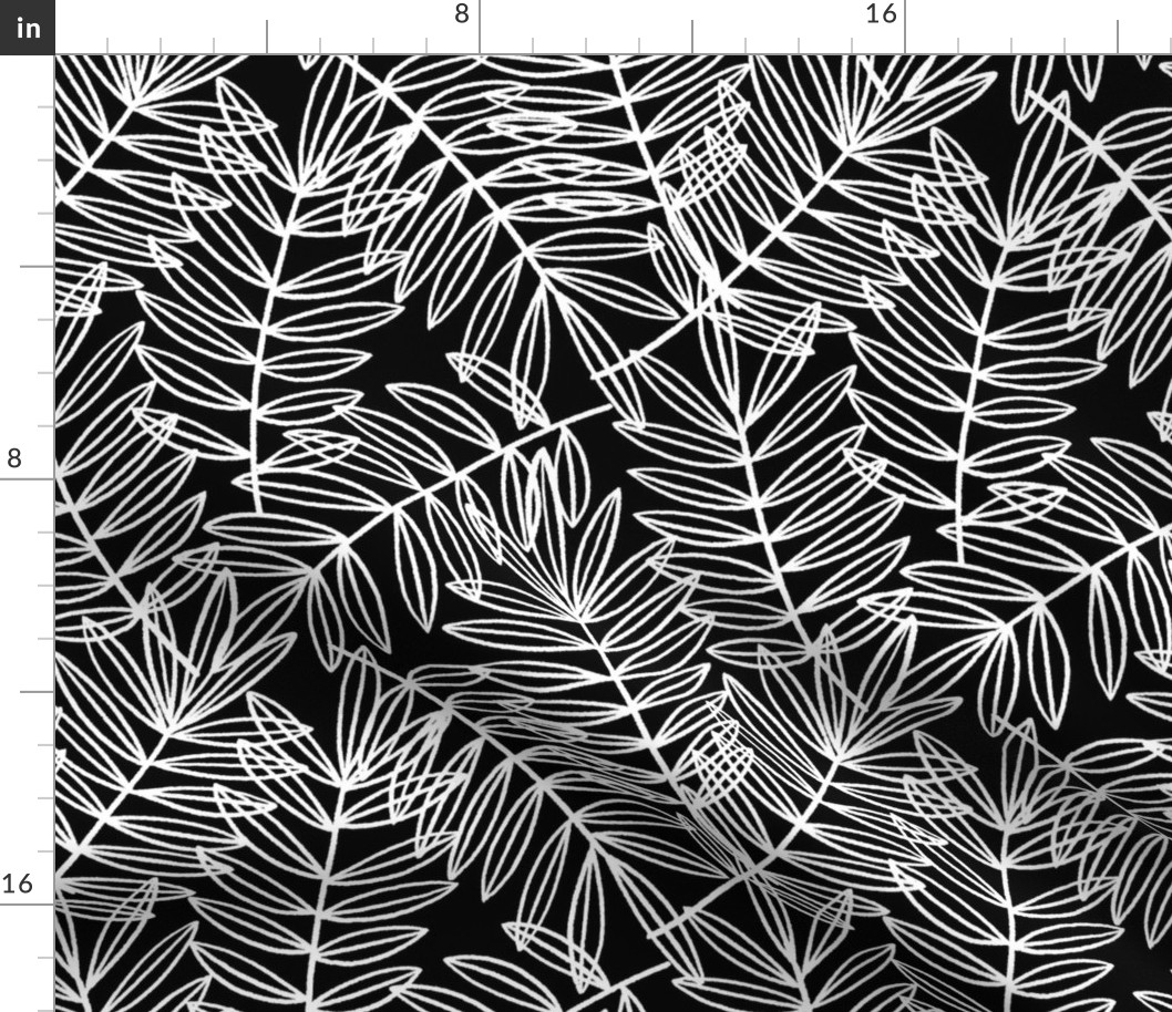 Tropical Palm Fronds in White on Black - Large