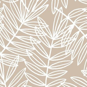 Tropical Palm Fronds in White on Soothing Taupe - Large