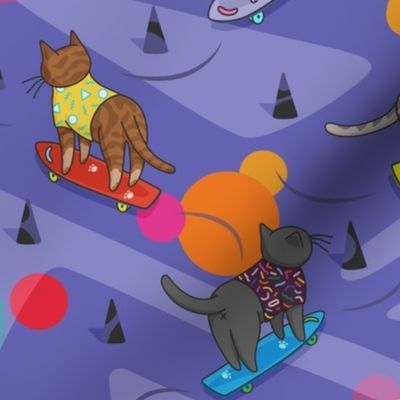 Skateboarding cats on the streets of Catsville in violet sun-spots (L)