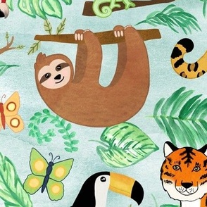 Wild And Wonderful Jungle Friends - Mint Green Background + Large Scale