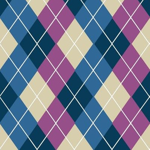 Overlapping Argyle Plaid in Slate Blues and Mauve Purple on Cream