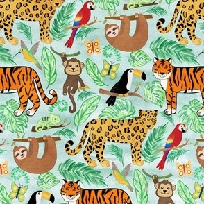 Wild And Wonderful Jungle Friends - Mint Green Background + Small Scale