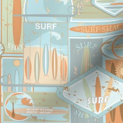 Sun Bleached, Surfboard, Surf Shack Signs / Beach Coastal / Texture / Aqua Sage Terracotta / Medium