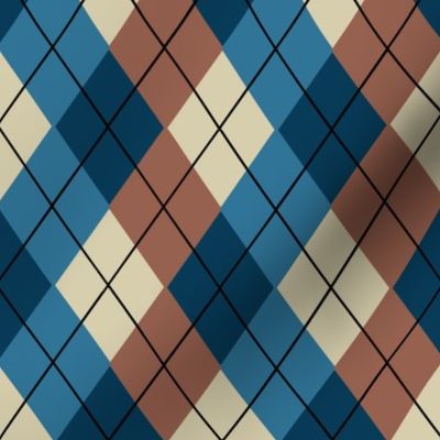 Overlapping Argyle Plaid in Blues and Brown on Cream