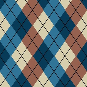 Overlapping Argyle Plaid in Blues and Brown on Cream