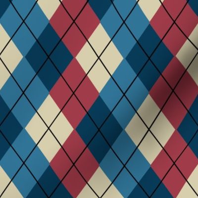 Overlapping Argyle Plaid in Blues and Brick Red on Cream