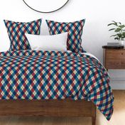 Overlapping Argyle Plaid in Blues and Brick Red on Cream