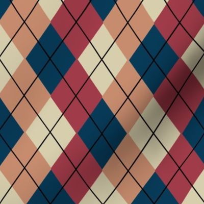 Overlapping Argyle Plaid in Slate Blue Peach and Brick Red on Cream