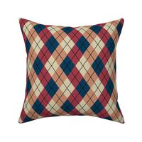 Overlapping Argyle Plaid in Slate Blue Peach and Brick Red on Cream