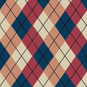 Overlapping Argyle Plaid in Slate Blue Peach and Brick Red on Cream